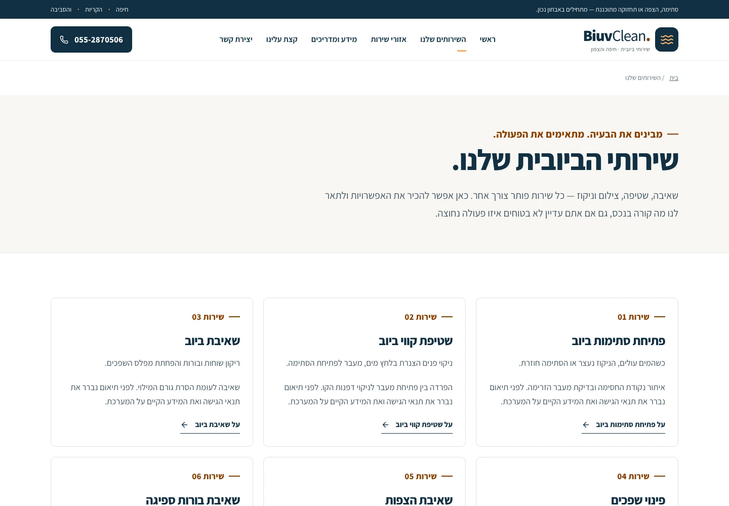 עמוד השירותים של BiuvClean בכחול כהה וכתום, עם כרטיסים נפרדים לפתיחת סתימות, שטיפת קווים ושאיבת ביוב