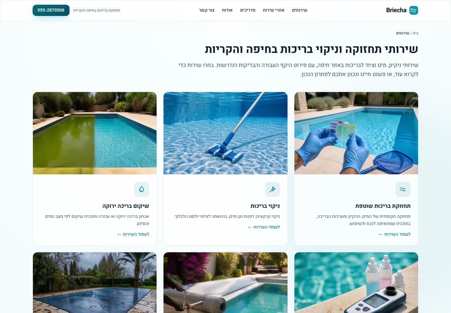 עמוד שירותי בריכה עם כרטיסים לתחזוקה שוטפת, ניקוי ושיקום בריכה ירוקה, בצבעי טורקיז וכחול בהיר